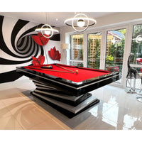8-Foot Pool Table Crafted for Modern Luxury, Three-Piece Slate, Tournament-Red Cloth, Offset Pedestal Base