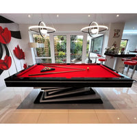 8-Foot Pool Table Crafted for Modern Luxury, Three-Piece Slate, Tournament-Red Cloth, Offset Pedestal Base
